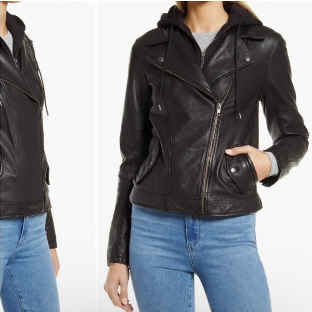 Caslon Black Leather Jacket Asymmetrical Zipper Notched Lapel size S never wore